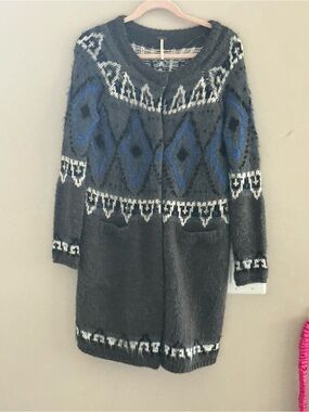Free People Charcoal Gray Long Knit Cardigan with Blue & White Pattern